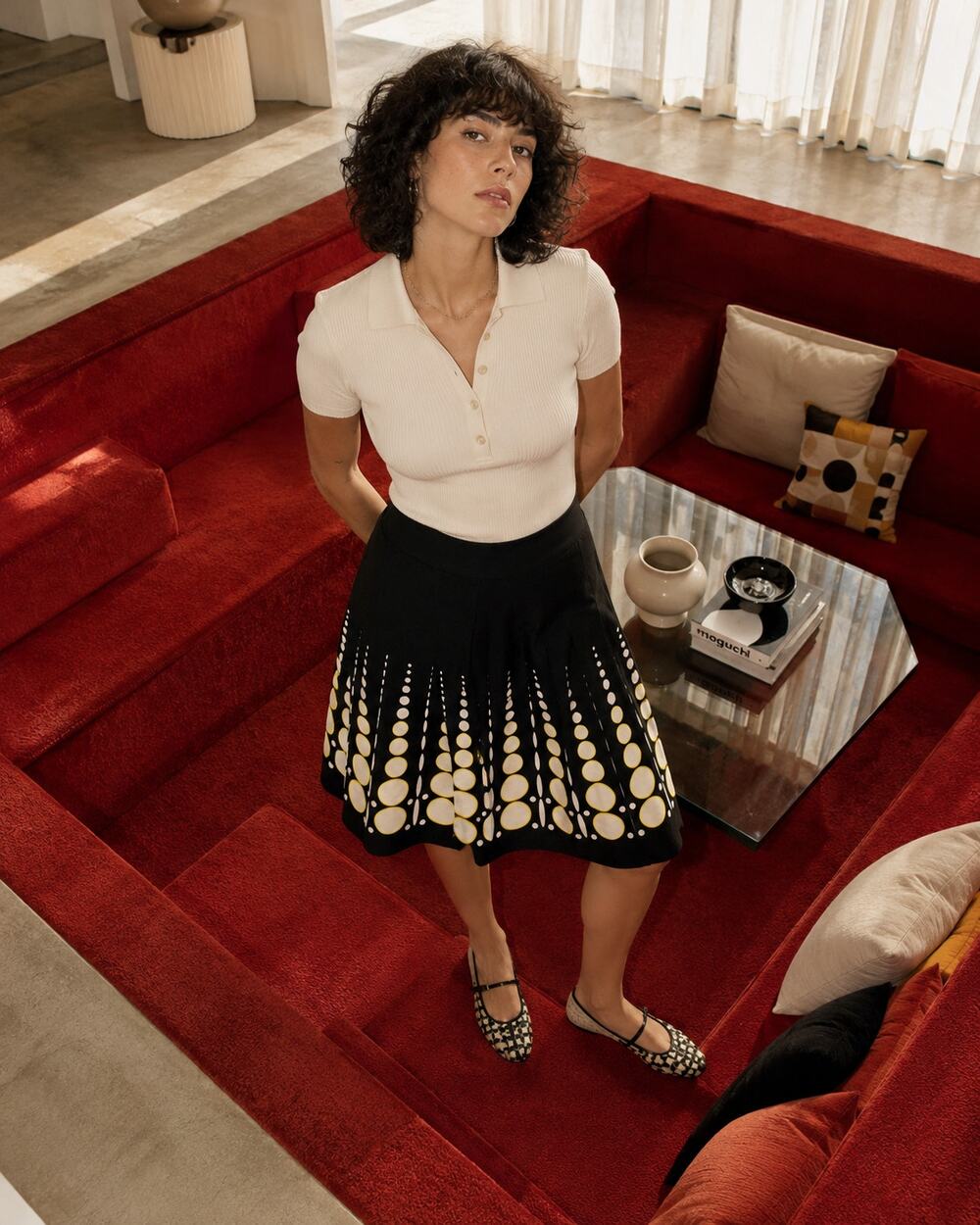Black & Cream Geometric Circle Print A-Line Skirt Size 14